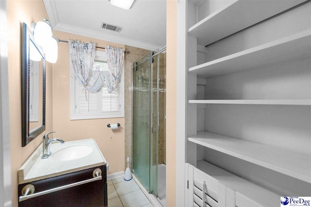 23 Mcrae Rd, Cheraw, SC 29520 - full bathroom with a stall shower, vanity, tile patterned floors, and crown molding