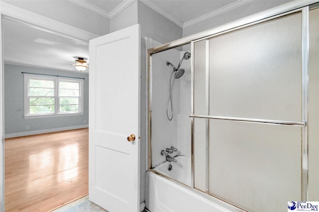 23 Mcrae Rd, Cheraw, SC 29520 - full bath with enclosed tub / shower combo, ornamental molding, ceiling fan, and wood finished floors