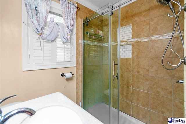 23 Mcrae Rd, Cheraw, SC 29520 - bathroom with a shower stall, ornamental molding, and vanity