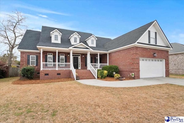 view of front of house with covered porch, brick siding, driveway, and crawl space