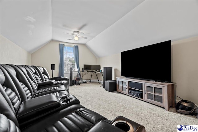 carpeted living room with vaulted ceiling and ceiling fan