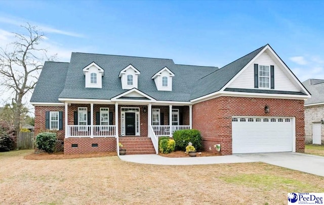 view of front of property with brick siding, crawl space, covered porch, and driveway