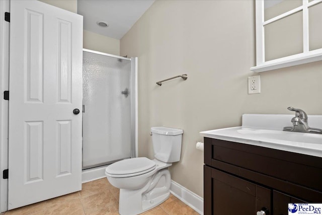 full bath with tile patterned flooring, a shower stall, baseboards, toilet, and vanity