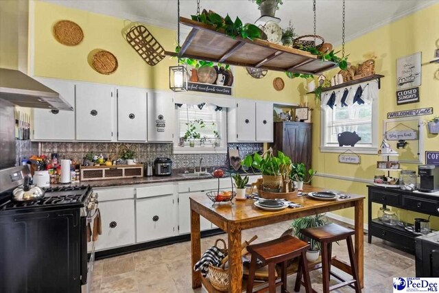 116 Moore St, Bennettsville, SC 29512 - kitchen with stainless steel range with gas stovetop, range hood, ornamental molding, dark countertops, and white cabinets