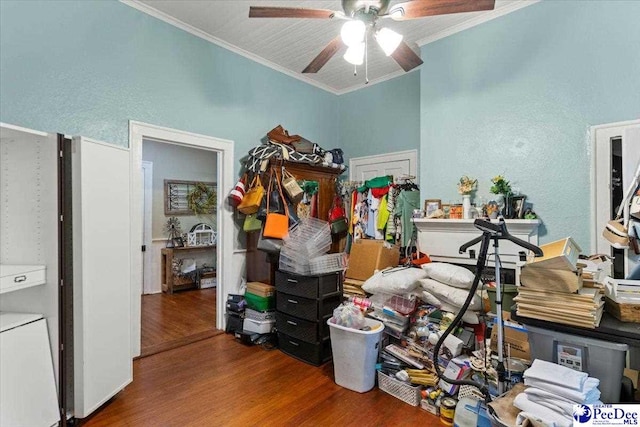 116 Moore St, Bennettsville, SC 29512 - bedroom with wood finished floors, crown molding, a textured wall, and a ceiling fan