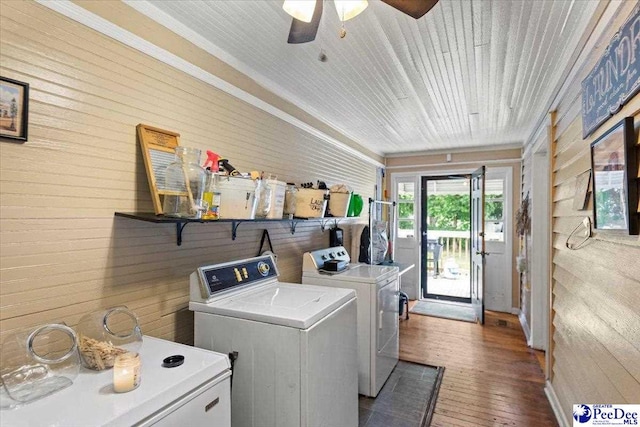 116 Moore St, Bennettsville, SC 29512 - laundry area featuring washing machine and dryer, wooden walls, ceiling fan, hardwood / wood-style floors, and wooden ceiling
