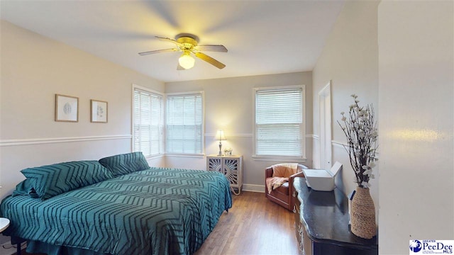 310 S Calhoun Dr, Florence, SC 29501 - bedroom with wood finished floors, ceiling fan, baseboards, and multiple windows