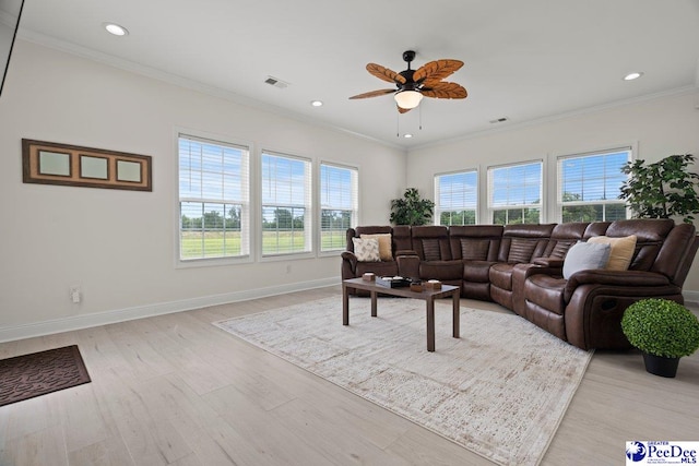 1613 Timmonsvillel Hwy, Darlington, SC 29532 - living room featuring a ceiling fan, light wood-style floors, recessed lighting, and crown molding