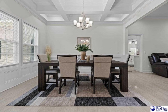 1613 Timmonsvillel Hwy, Darlington, SC 29532 - dining space featuring a chandelier, coffered ceiling, light wood-type flooring, crown molding, and beamed ceiling