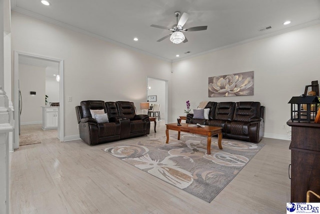 1613 Timmonsvillel Hwy, Darlington, SC 29532 - living room with ceiling fan, crown molding, light wood-style floors, and recessed lighting