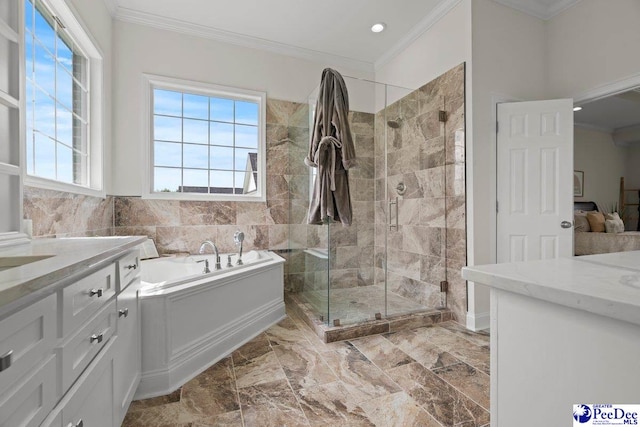1613 Timmonsvillel Hwy, Darlington, SC 29532 - bathroom with vanity, crown molding, a bath, a shower stall, and healthy amount of natural light