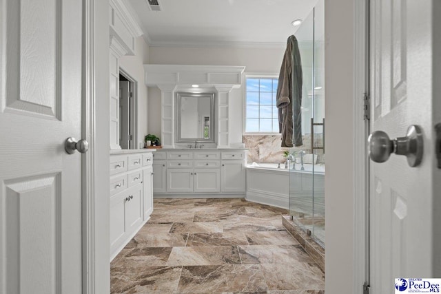 1613 Timmonsvillel Hwy, Darlington, SC 29532 - full bath with vanity, ornamental molding, a shower stall, a tub to relax in, and marble finish floors