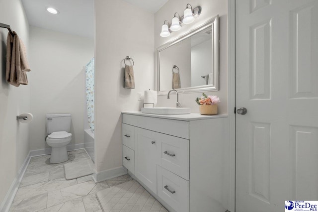 1613 Timmonsvillel Hwy, Darlington, SC 29532 - full bath featuring marble finish floors, vanity, shower / tub combo, and recessed lighting