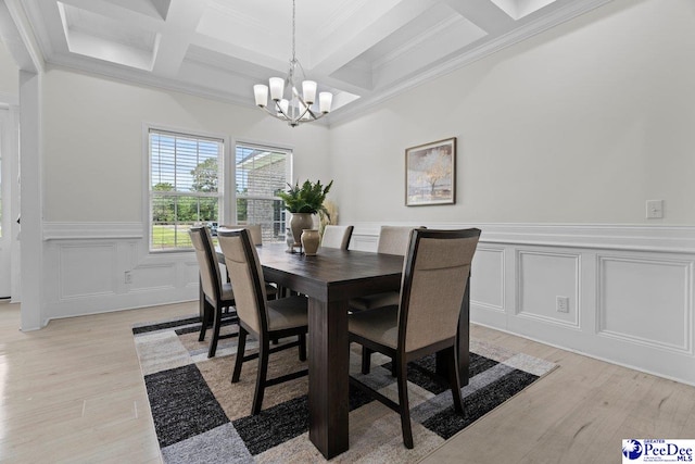 1613 Timmonsvillel Hwy, Darlington, SC 29532 - dining area with a chandelier, coffered ceiling, a decorative wall, beamed ceiling, and light wood-style floors