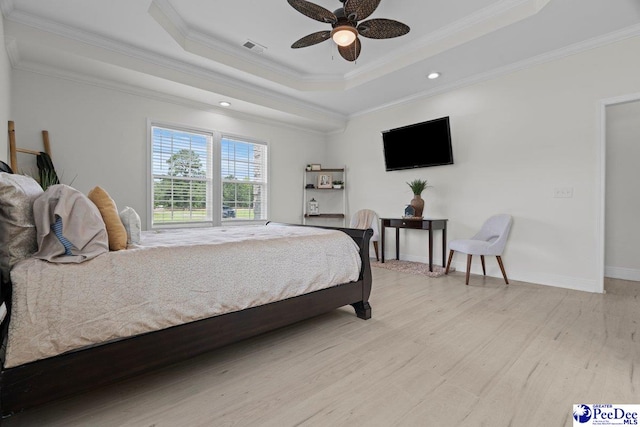 1613 Timmonsvillel Hwy, Darlington, SC 29532 - bedroom with a tray ceiling, light wood finished floors, crown molding, recessed lighting, and a ceiling fan