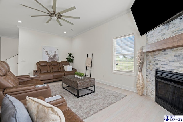 1613 Timmonsvillel Hwy, Darlington, SC 29532 - living area featuring ceiling fan, crown molding, light wood-style floors, a fireplace, and recessed lighting