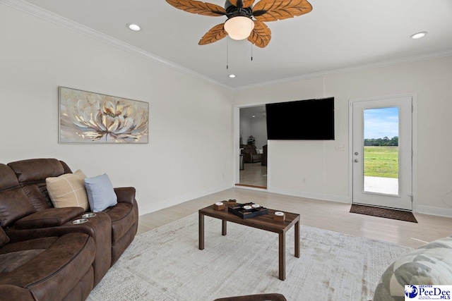 1613 Timmonsvillel Hwy, Darlington, SC 29532 - living room featuring a ceiling fan, recessed lighting, light wood finished floors, and crown molding