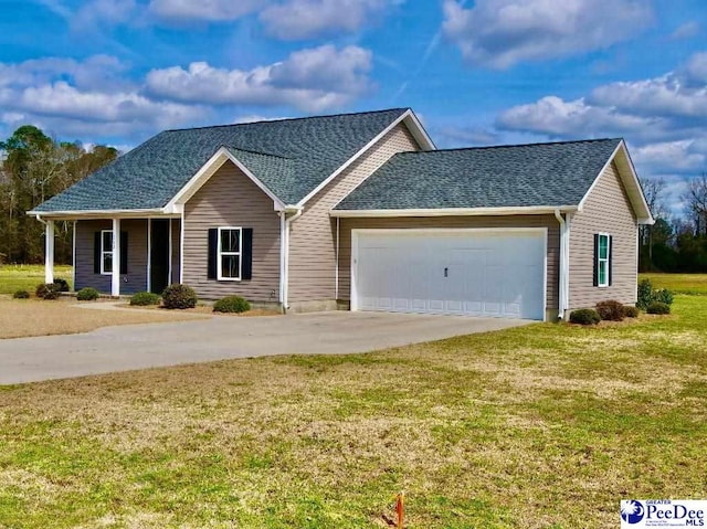 single story home with a front yard, an attached garage, concrete driveway, and a shingled roof