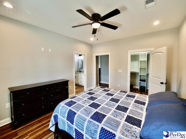 bedroom with recessed lighting, visible vents, baseboards, and dark wood-type flooring