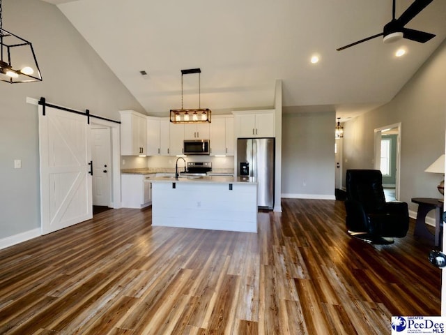 kitchen with ceiling fan, light countertops, a barn door, appliances with stainless steel finishes, and a kitchen island with sink