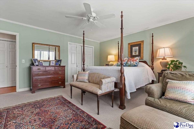 244 Timberlake Dr, Florence, SC 29501 - bedroom with light colored carpet, crown molding, a ceiling fan, and baseboards