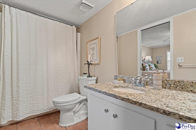 244 Timberlake Dr, Florence, SC 29501 - full bath featuring toilet, tile patterned flooring, vanity, a textured ceiling, and curtained shower