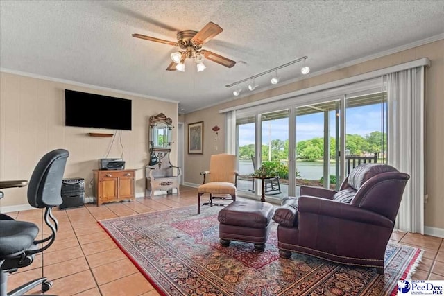 244 Timberlake Dr, Florence, SC 29501 - living area featuring light tile patterned flooring, ceiling fan, healthy amount of natural light, track lighting, and ornamental molding