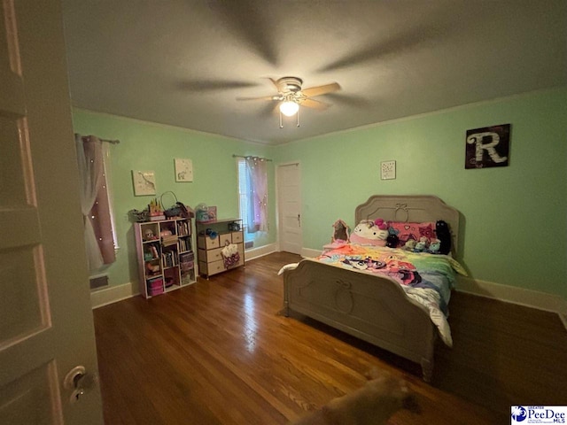 bedroom with dark wood-type flooring and ceiling fan