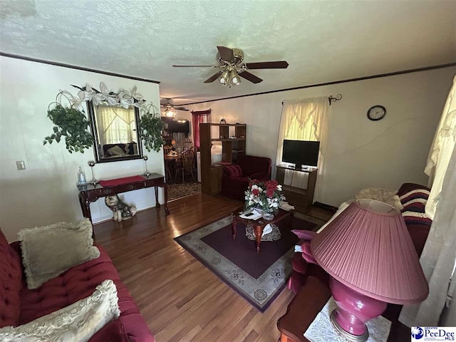 719 Parrish Dr, Mullins, SC 29574 - living room with ceiling fan, wood finished floors, a textured ceiling, and healthy amount of natural light