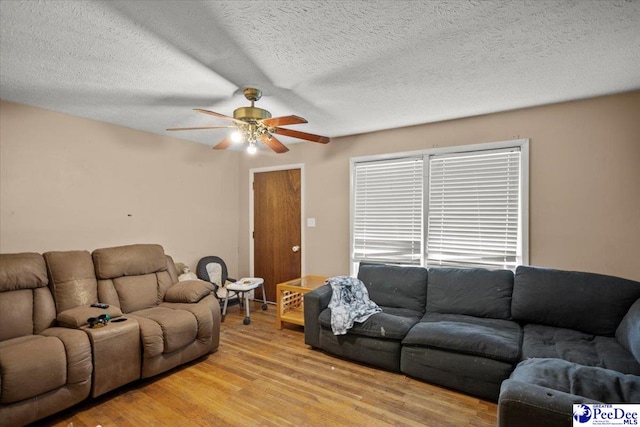 living area with ceiling fan, light wood-style floors, and a textured ceiling