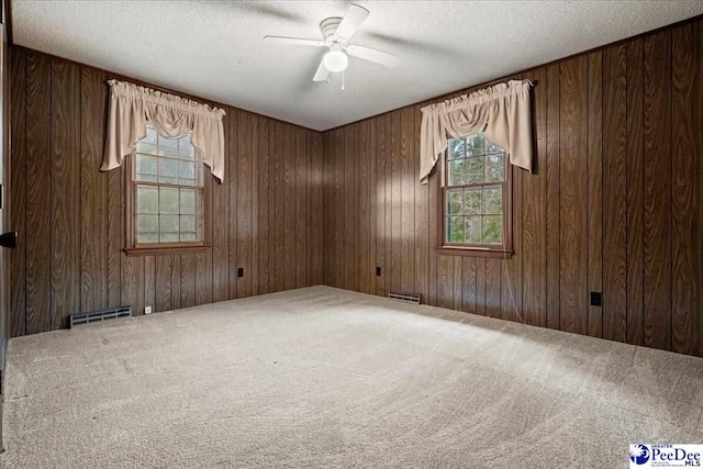 spare room featuring carpet flooring and wood walls