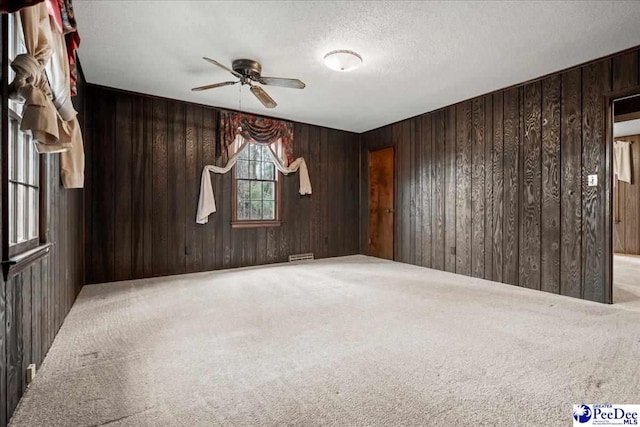 spare room featuring carpet flooring, a textured ceiling, and wood walls