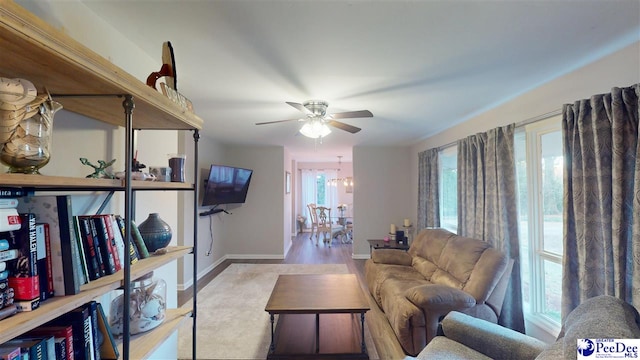 living room featuring ceiling fan with notable chandelier and light hardwood / wood-style floors