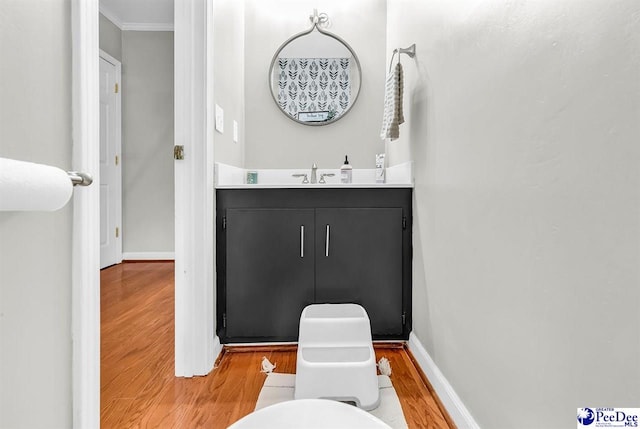 108 Wyandot St, Darlington, SC 29532 - half bathroom featuring wood finished floors, vanity, and crown molding