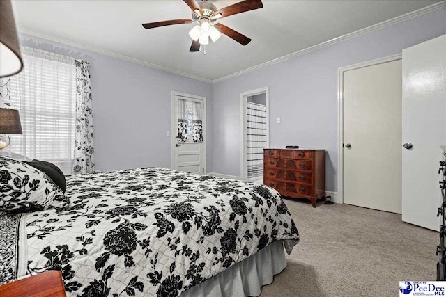 bedroom featuring light carpet, ornamental molding, and ceiling fan