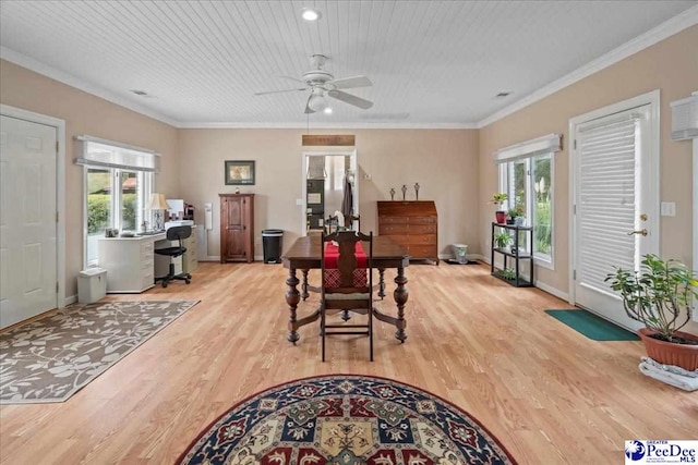 dining space with crown molding, a healthy amount of sunlight, ceiling fan, and light hardwood / wood-style flooring