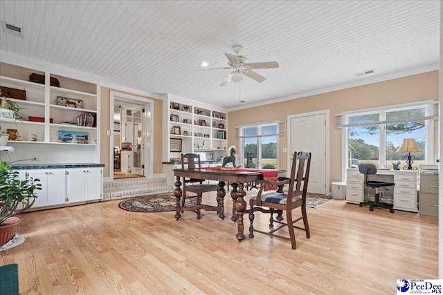 dining area with built in shelves, wood ceiling, light hardwood / wood-style flooring, ornamental molding, and ceiling fan