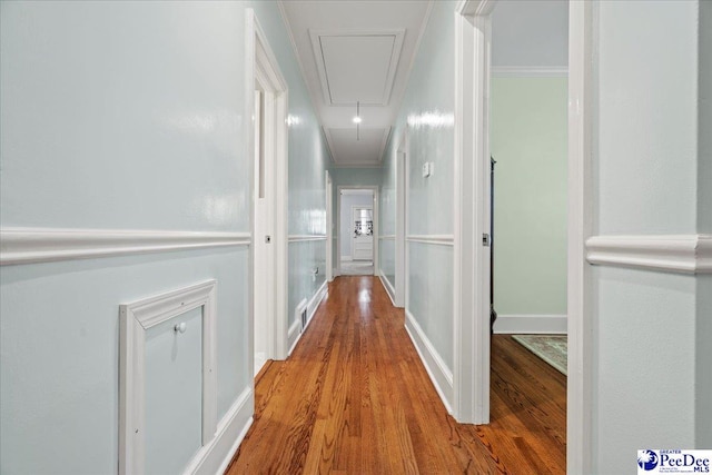 hall featuring hardwood / wood-style flooring and ornamental molding