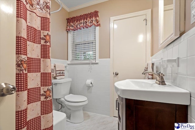 bathroom with crown molding, tile walls, vanity, a shower with curtain, and toilet