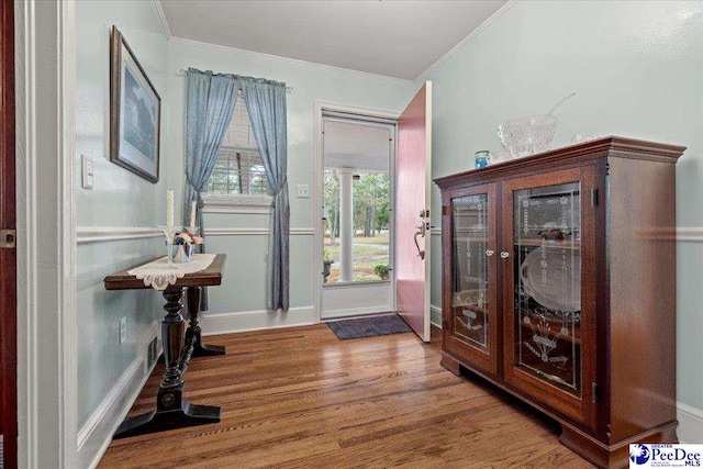 foyer entrance featuring crown molding, hardwood / wood-style flooring, and a healthy amount of sunlight