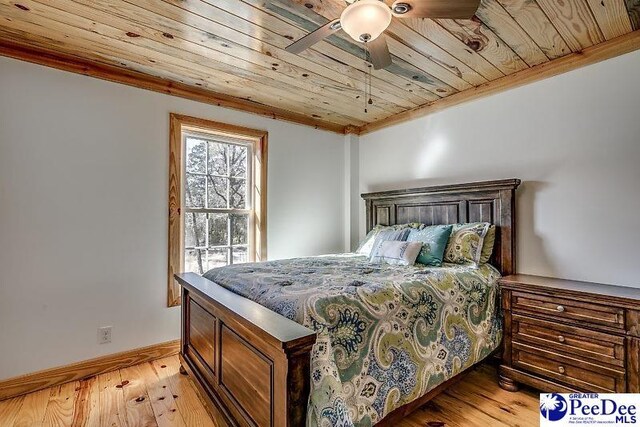 bedroom featuring wooden ceiling and light wood-type flooring