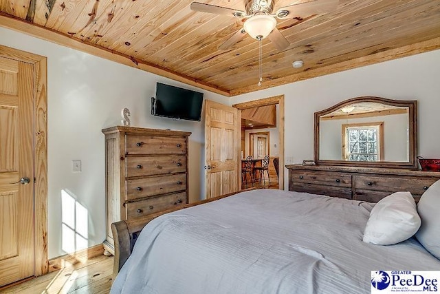 bedroom with wood ceiling, light hardwood / wood-style flooring, and ceiling fan