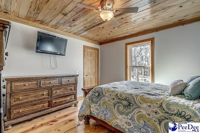 bedroom with crown molding, wooden ceiling, light hardwood / wood-style floors, and ceiling fan