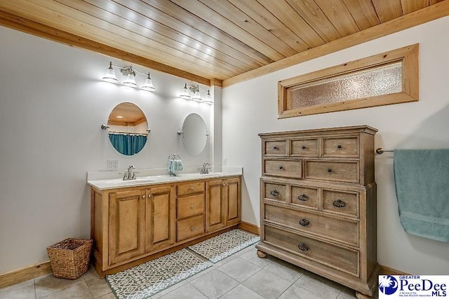 bathroom with wood ceiling, tile patterned floors, and vanity