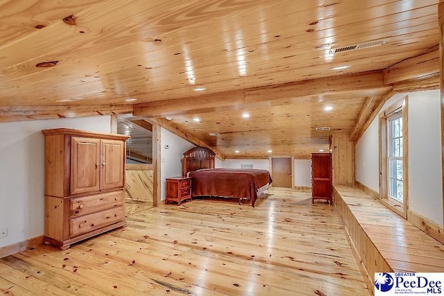 unfurnished bedroom featuring vaulted ceiling, wood ceiling, and light hardwood / wood-style floors