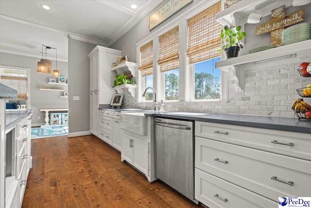 kitchen with ornamental molding, open shelves, dark wood-style floors, decorative backsplash, and dishwasher