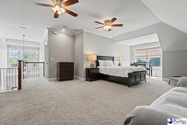 bedroom featuring visible vents, crown molding, baseboards, and carpet floors