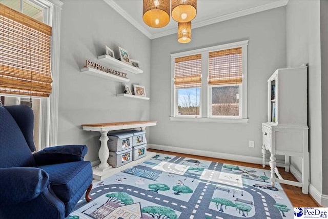 sitting room featuring baseboards, wood finished floors, and crown molding