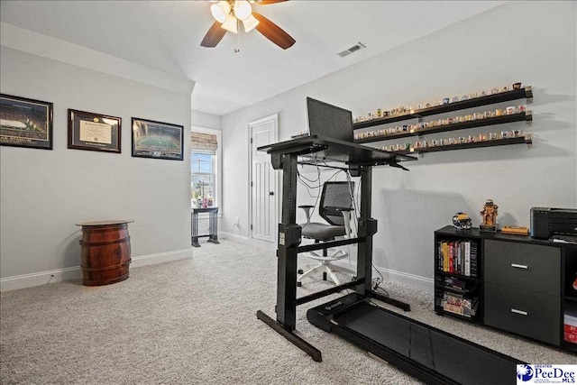 workout area with visible vents, baseboards, a ceiling fan, and carpet flooring