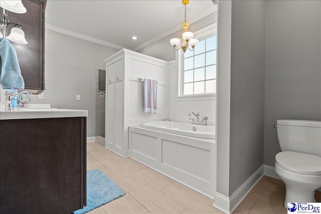 bathroom with crown molding, a chandelier, toilet, a garden tub, and vanity